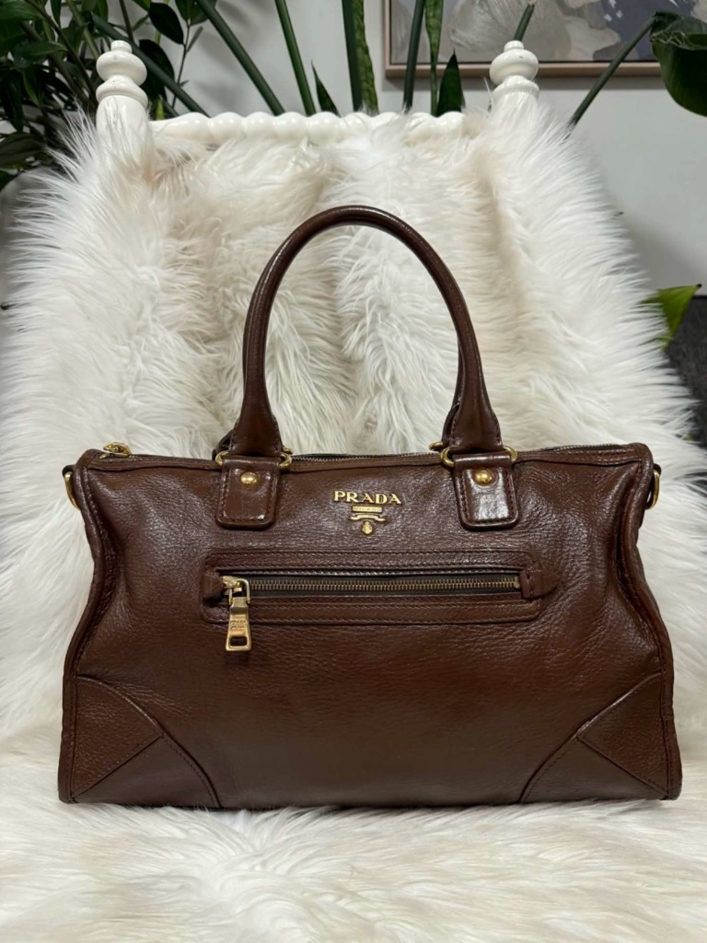 Prada Dark Brown Leather Top-Handle Satchel with Gold Hardware